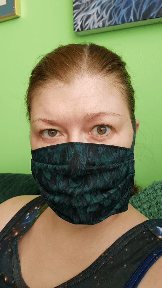 Christine wearing a patterned face mask